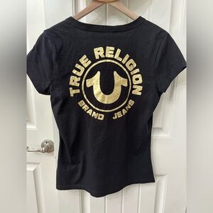 True Religion Black and Gold Women's Tshirt Top sz Large V-neck